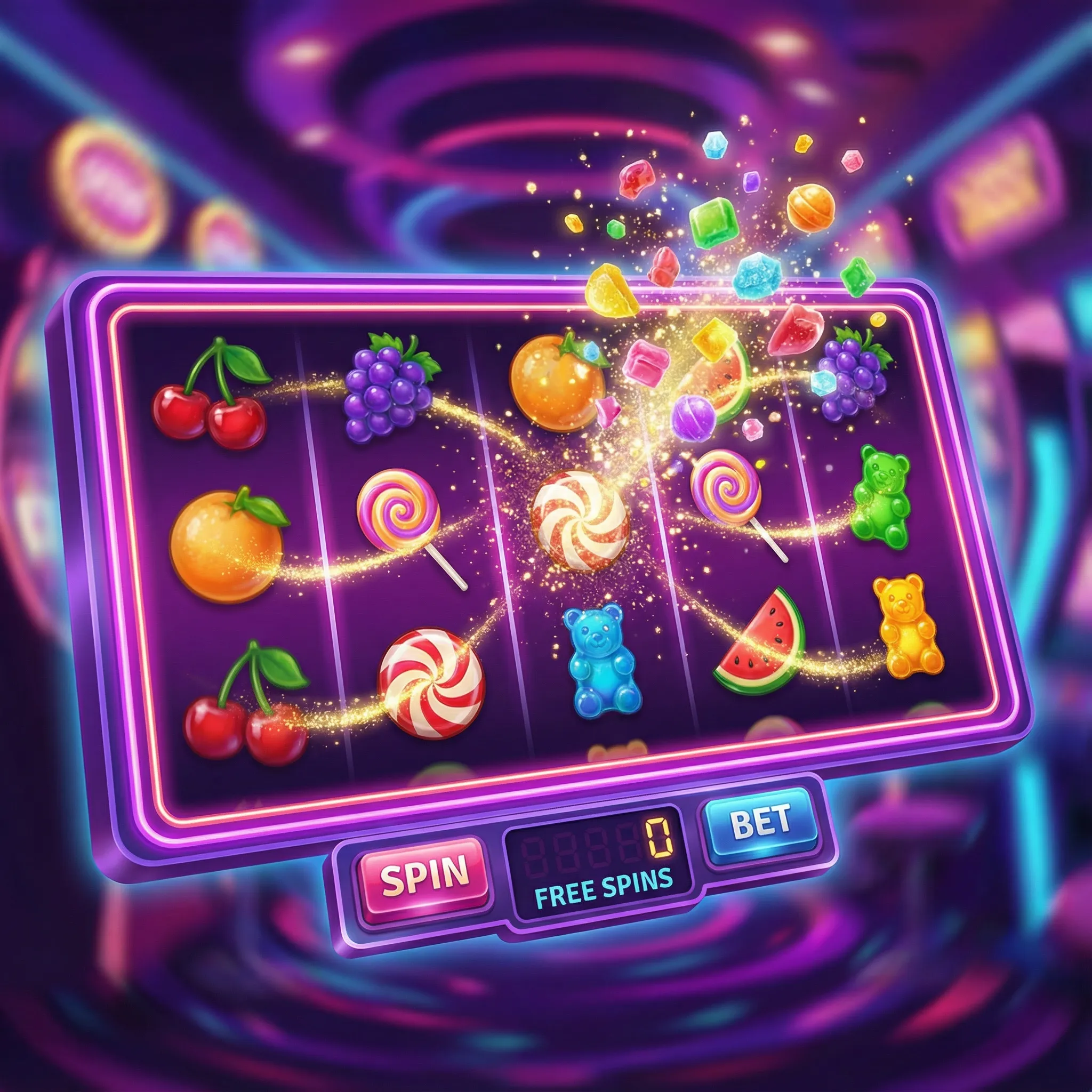 Caça-níqueis coloridos com tema de doces no segurobet